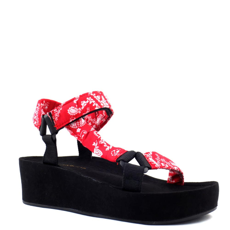 Shoe Republic LA Bandana Print L-Shape Velcro Strap Platform Sandals - Bandana