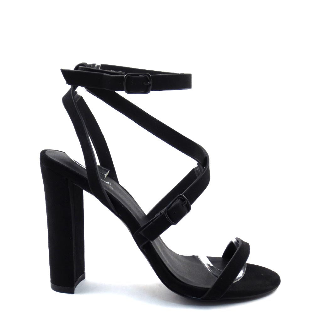 Qupid Peep Strappy Toe Open Cross Pattern Buckle Detail Chunky Heel - Bixby