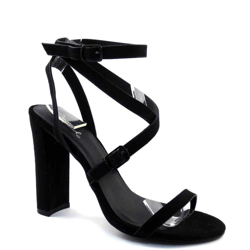 Qupid Peep Strappy Toe Open Cross Pattern Buckle Detail Chunky Heel - Bixby