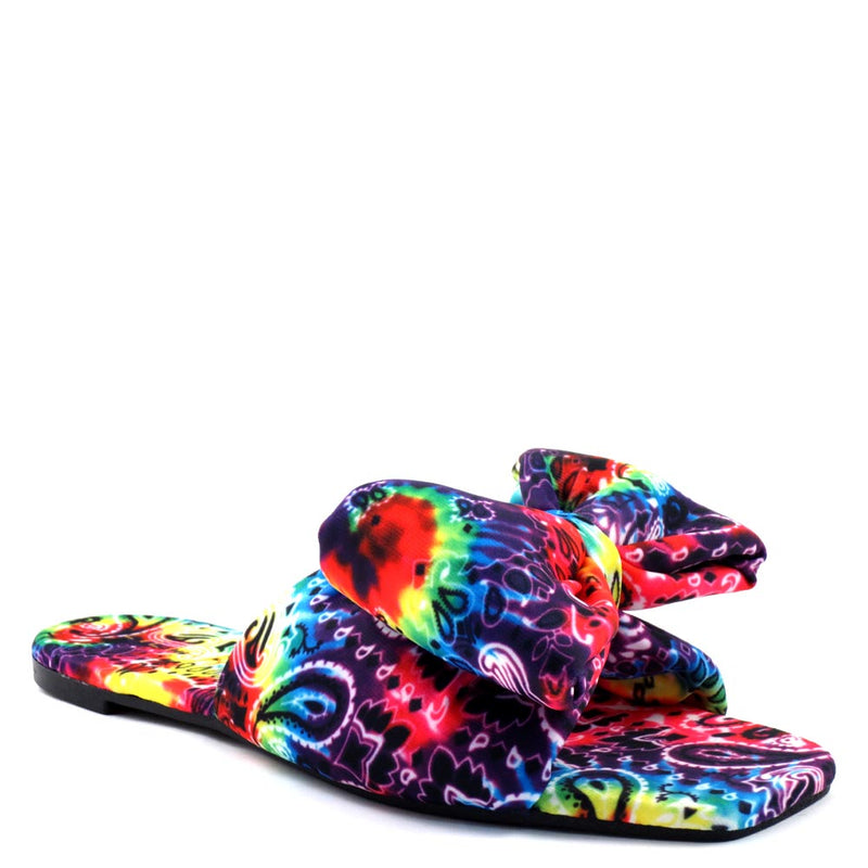 Liliana Open Toe Big Bow Detail Tie Dye Flat Sandals - Breezy 4a