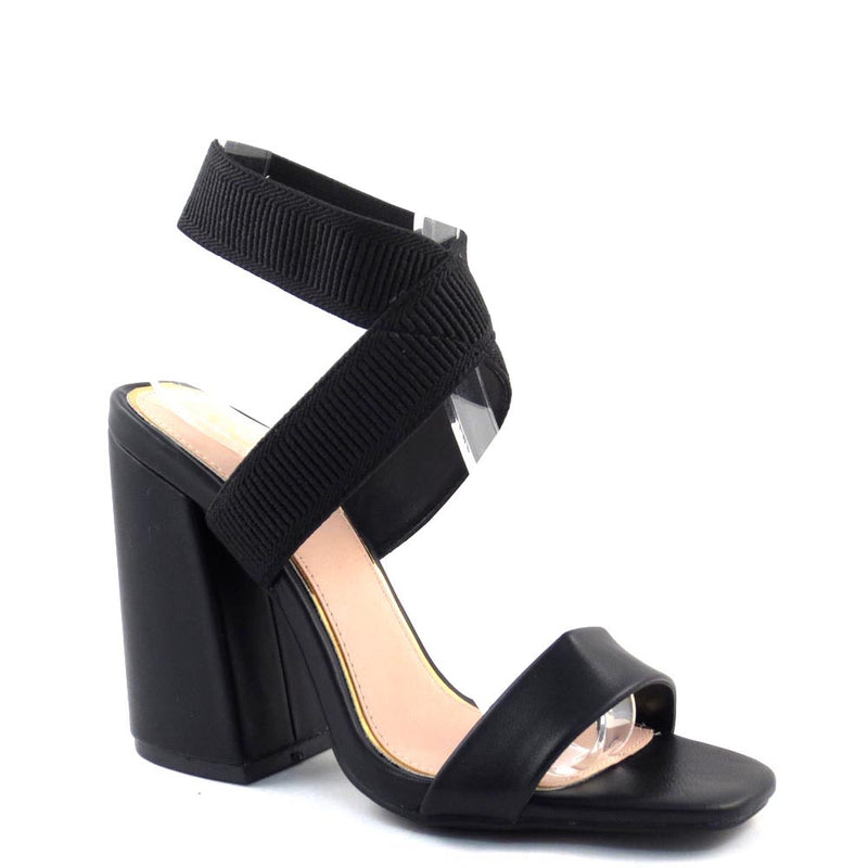 Qupid Open Toe Criss Cross Stretchy Ankle Strap Chunky Heels - Cage 44