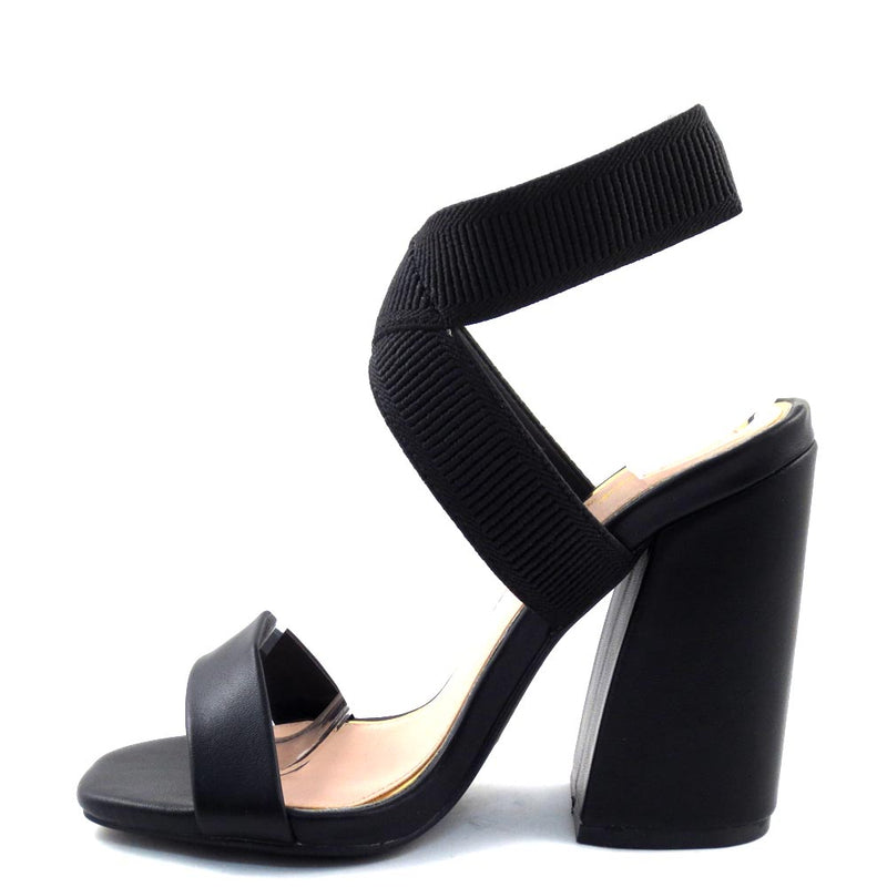 Qupid Open Toe Criss Cross Stretchy Ankle Strap Chunky Heels - Cage 44