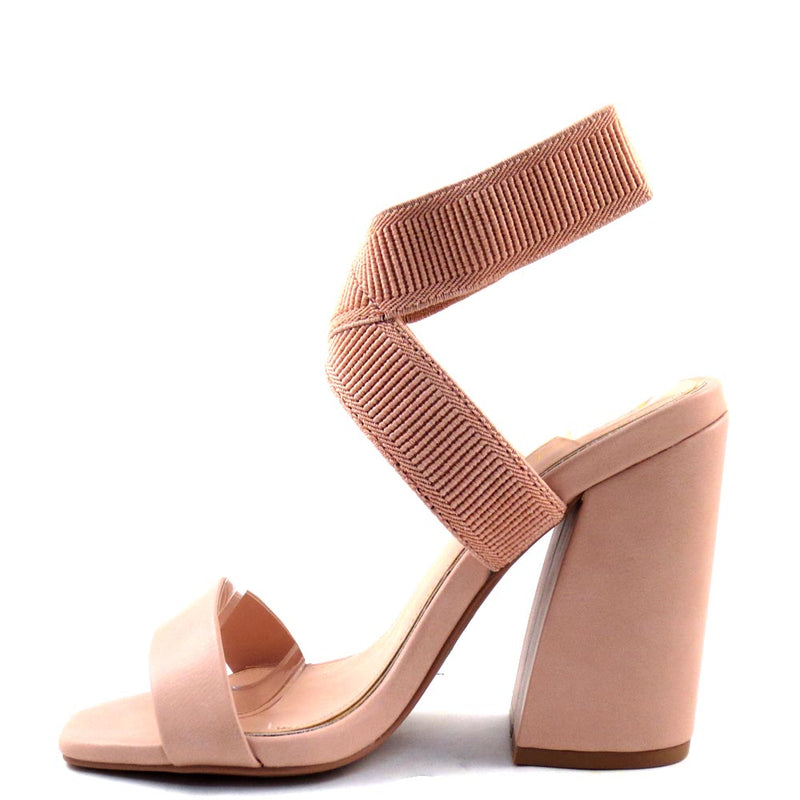 Qupid Open Toe Criss Cross Stretchy Ankle Strap Chunky Heels - Cage 44