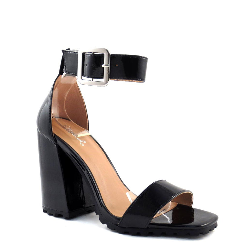 Qupid Open Toe Ankle Strap Buckle Detail Chunky Heels - Cage 61