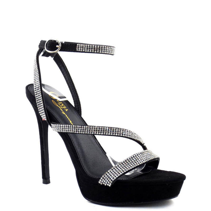 Olivia Jaymes Blingy Open Toe Ankle Strap Cross Pattern Upper Heels - Cecil