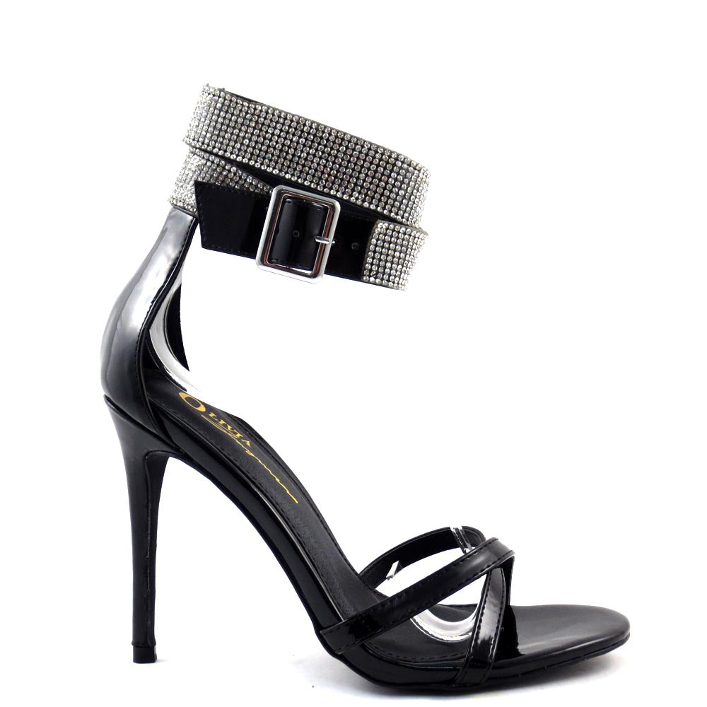 Olivia Jaymes Open Toe Blingy Ankle Strap Cross Pattern Heels - Chelsea