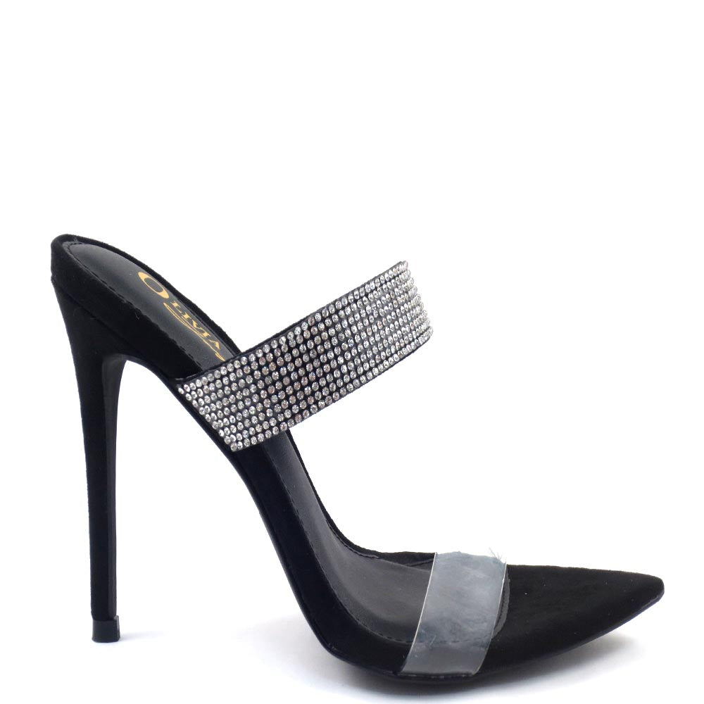 Olivia Jaymes Rhinestone Detail Clear Band Pointy Toe Mule Heels- Dali