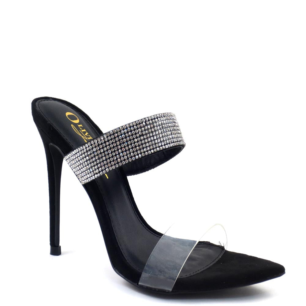 Olivia Jaymes Rhinestone Detail Clear Band Pointy Toe Mule Heels- Dali