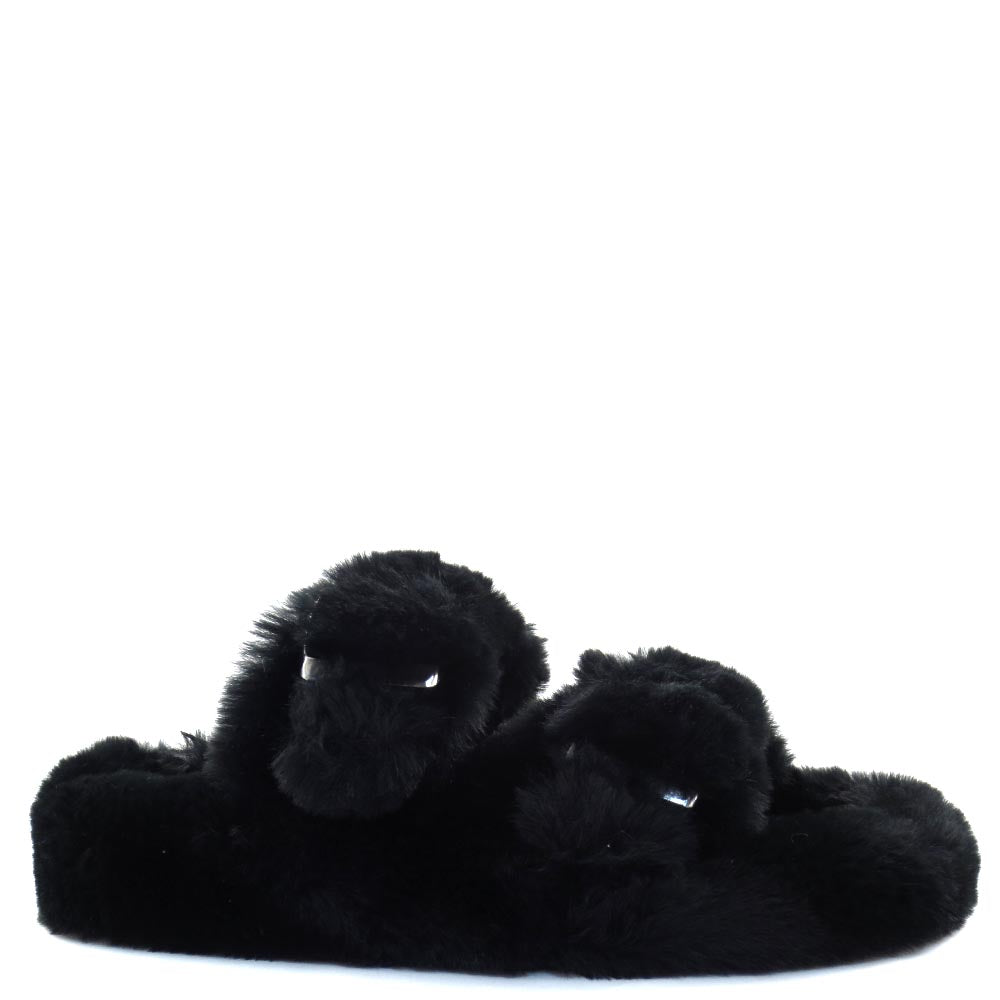 Liliana Open Toe Twin Buckle Detail Furry Sandals - Dearly