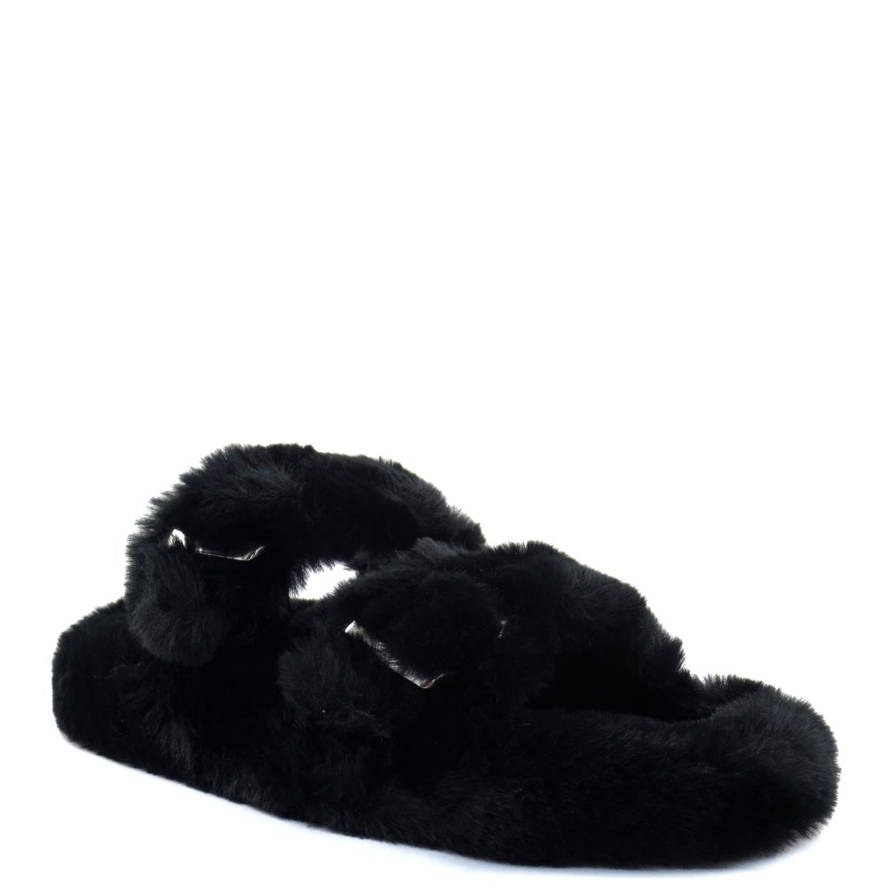 Liliana Open Toe Twin Buckle Detail Furry Sandals - Dearly