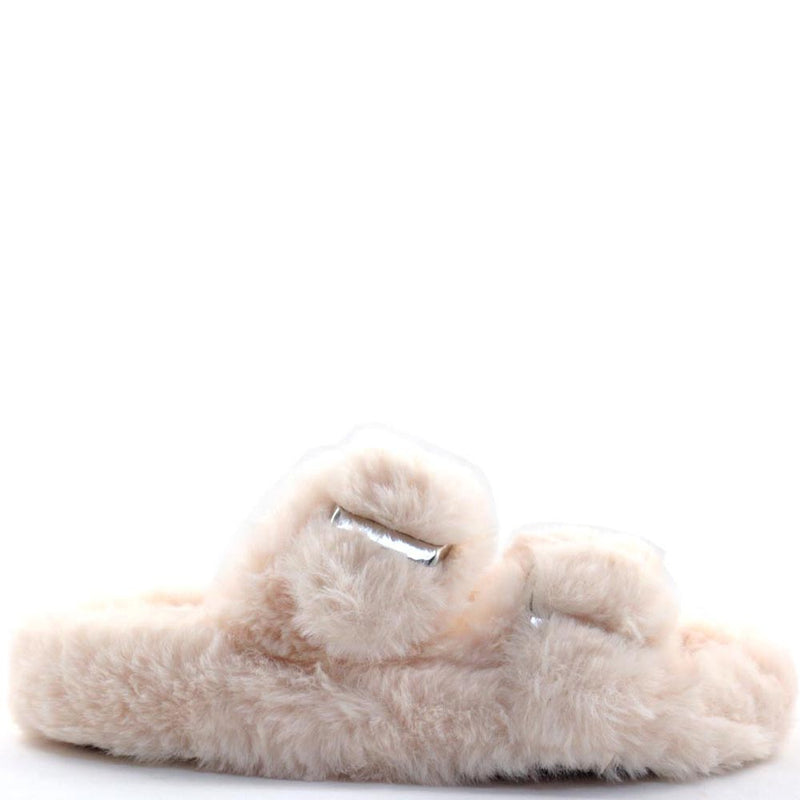 Liliana Open Toe Twin Buckle Detail Furry Sandals - Dearly