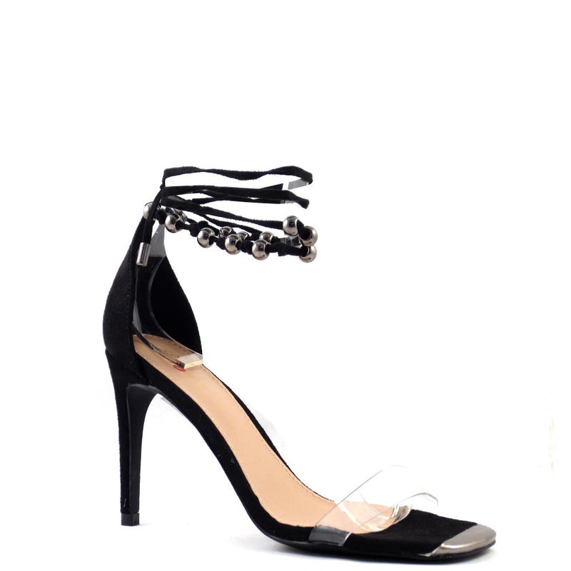 Promise by Shoe Republic LA Clear Open Toe Strappy Beaded Lace Up Heels - Drill