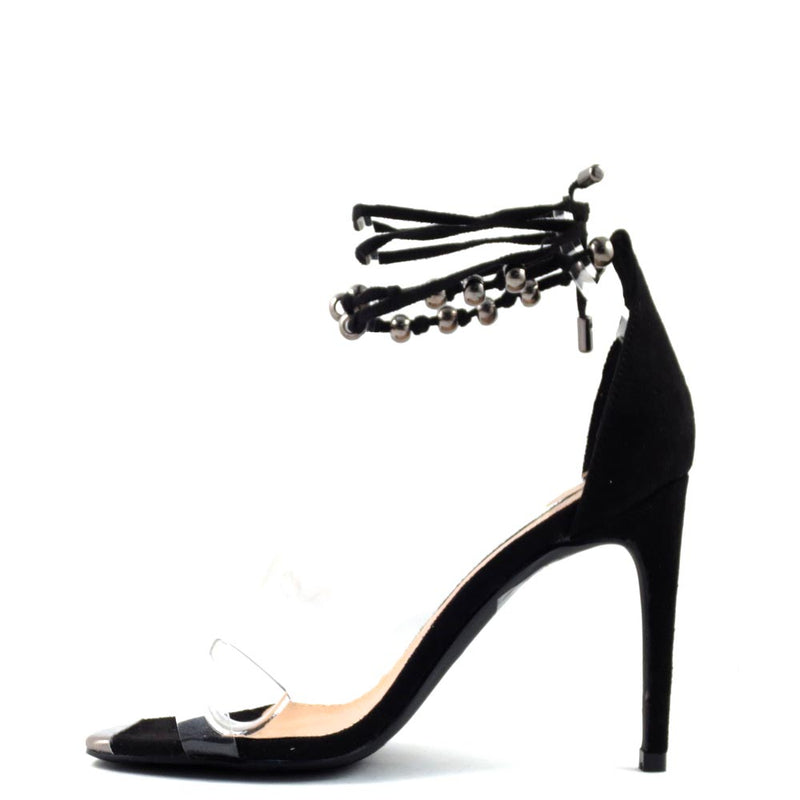 Promise by Shoe Republic LA Clear Open Toe Strappy Beaded Lace Up Heels - Drill