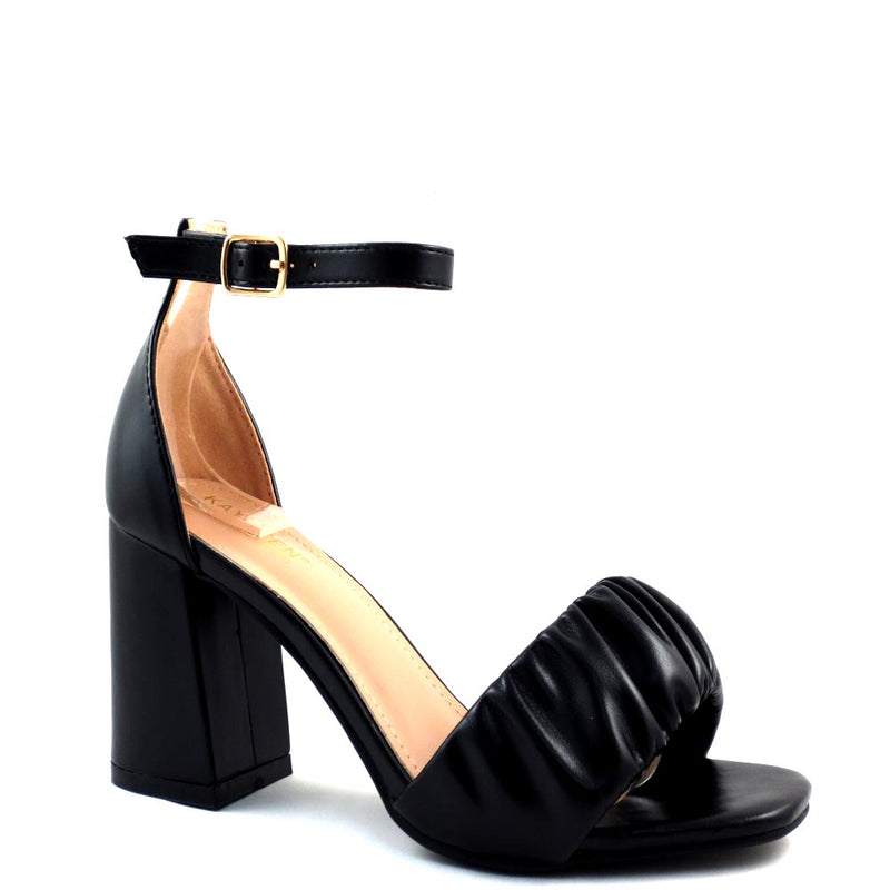 Kayleen Open Toe Ruffled Upper Ankle Strap Square Chunky Heel - Escia