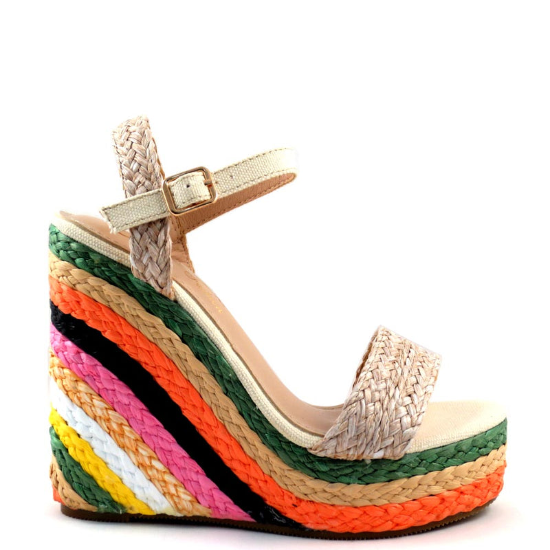 DBDK Open Toe Ankle Strap Multi Color Espadrille Wedge - Evgenia