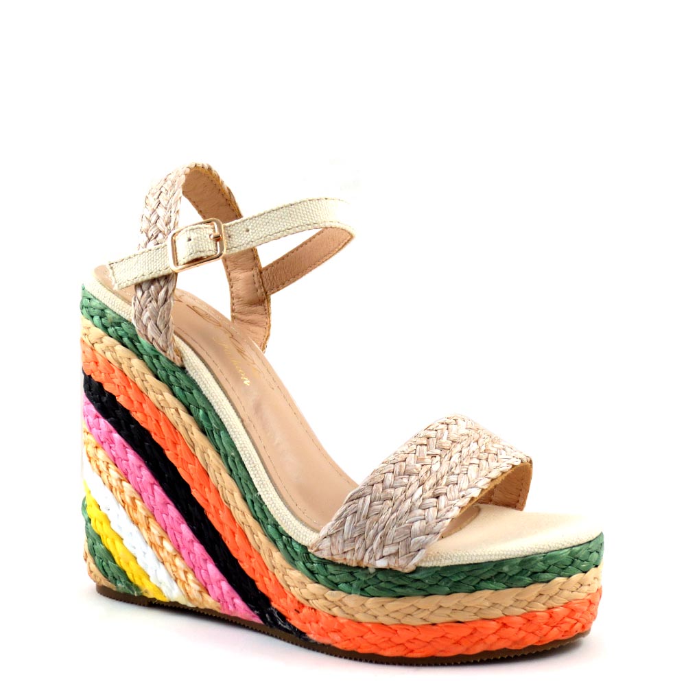 DBDK Open Toe Ankle Strap Multi Color Espadrille Wedge - Evgenia