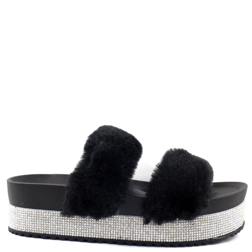 Olivia Jaymes Two Band Furry Upper Detailed Rhinestone Platform Sandals - Flake