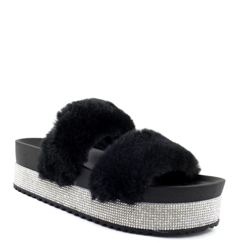 Olivia Jaymes Two Band Furry Upper Detailed Rhinestone Platform Sandals - Flake