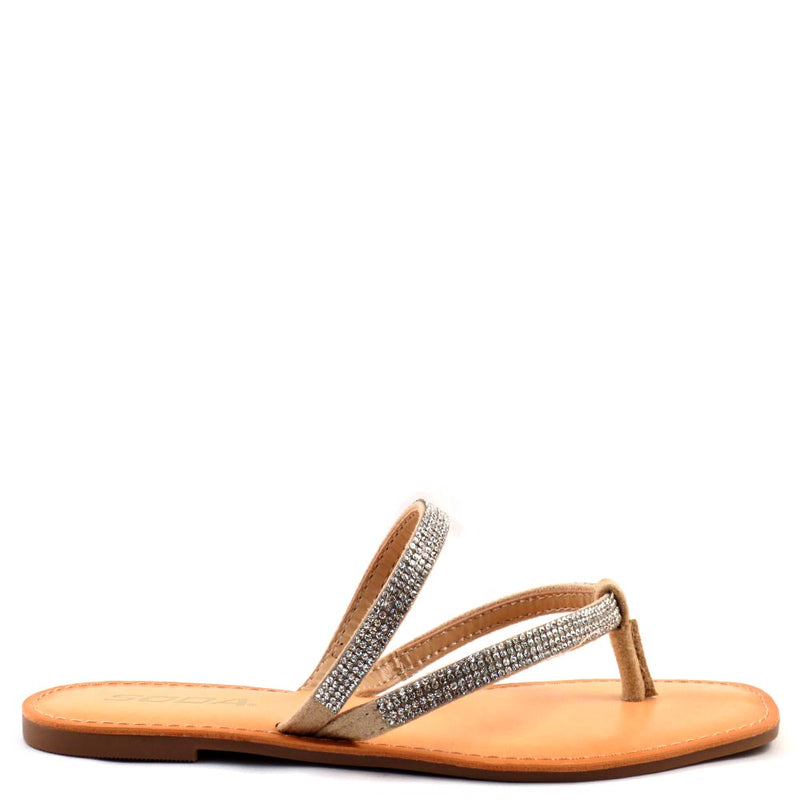 Soda Two Strap Rhinestone Detail Open Back Thong Flat Sandals - Gerber