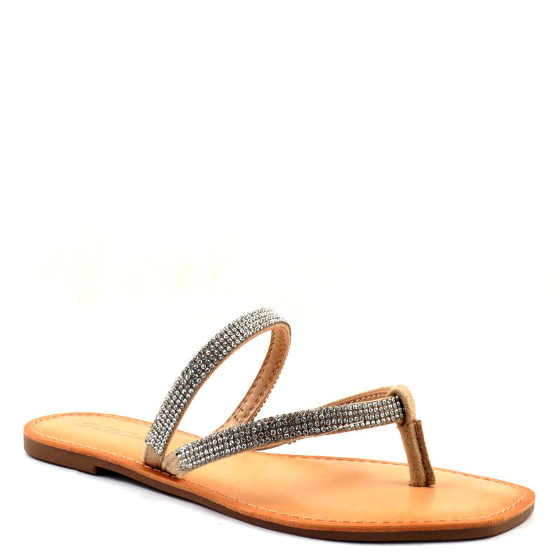 Soda Two Strap Rhinestone Detail Open Back Thong Flat Sandals - Gerber