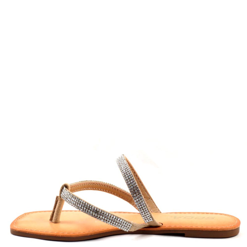 Soda Two Strap Rhinestone Detail Open Back Thong Flat Sandals - Gerber