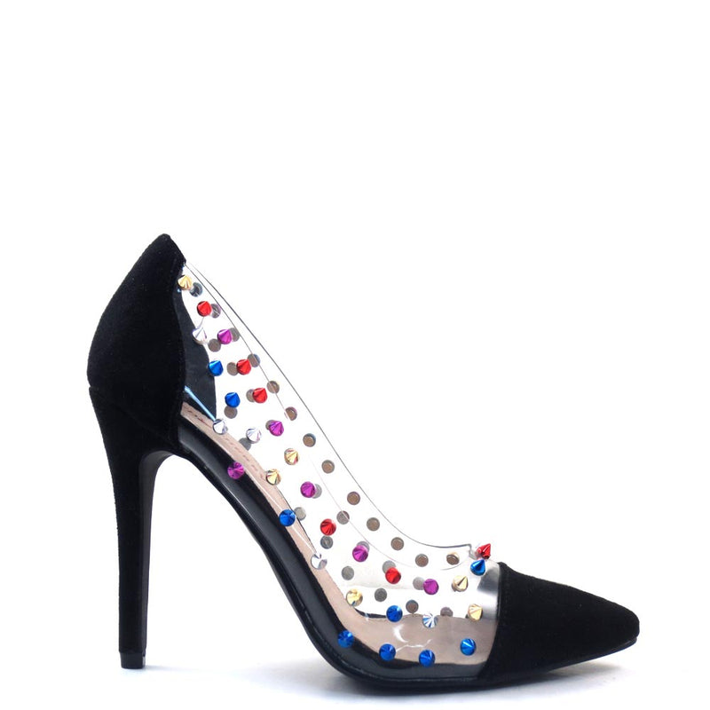 Red Cherry Clear Sides Multi Color Studded Detail Pointy Toe Heels - Gigi 09