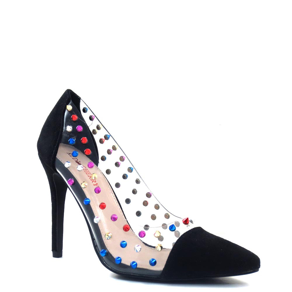 Red Cherry Clear Sides Multi Color Studded Detail Pointy Toe Heels - Gigi 09