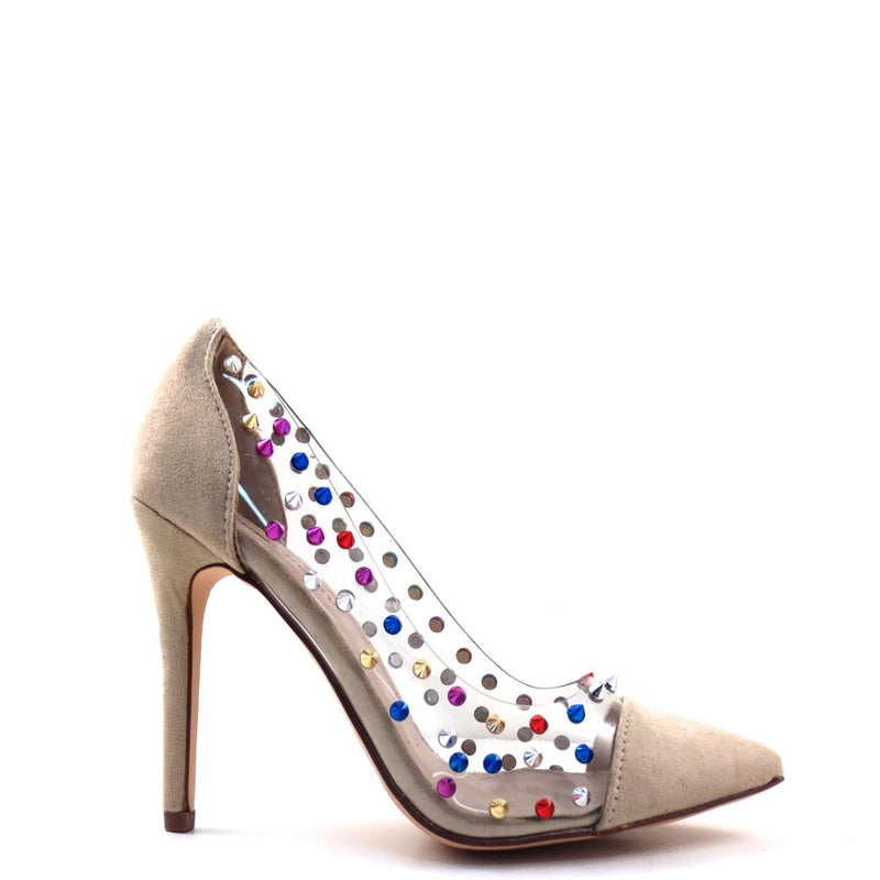 Red Cherry Clear Sides Multi Color Studded Detail Pointy Toe Heels - Gigi 09