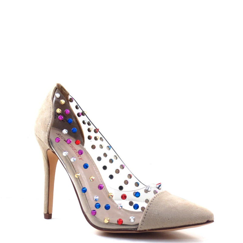 Red Cherry Clear Sides Multi Color Studded Detail Pointy Toe Heels - Gigi 09