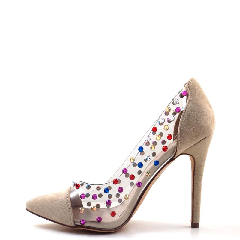 Red Cherry Clear Sides Multi Color Studded Detail Pointy Toe Heels - Gigi 09