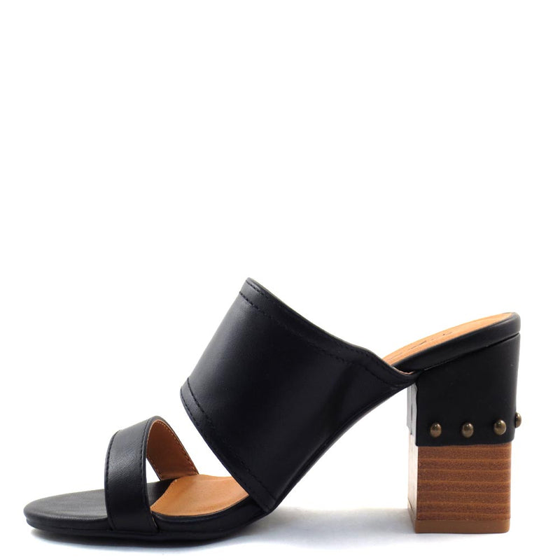 Qupid Double Vamp Slide In Mule Low Stacked Studded Block Heel - Haira