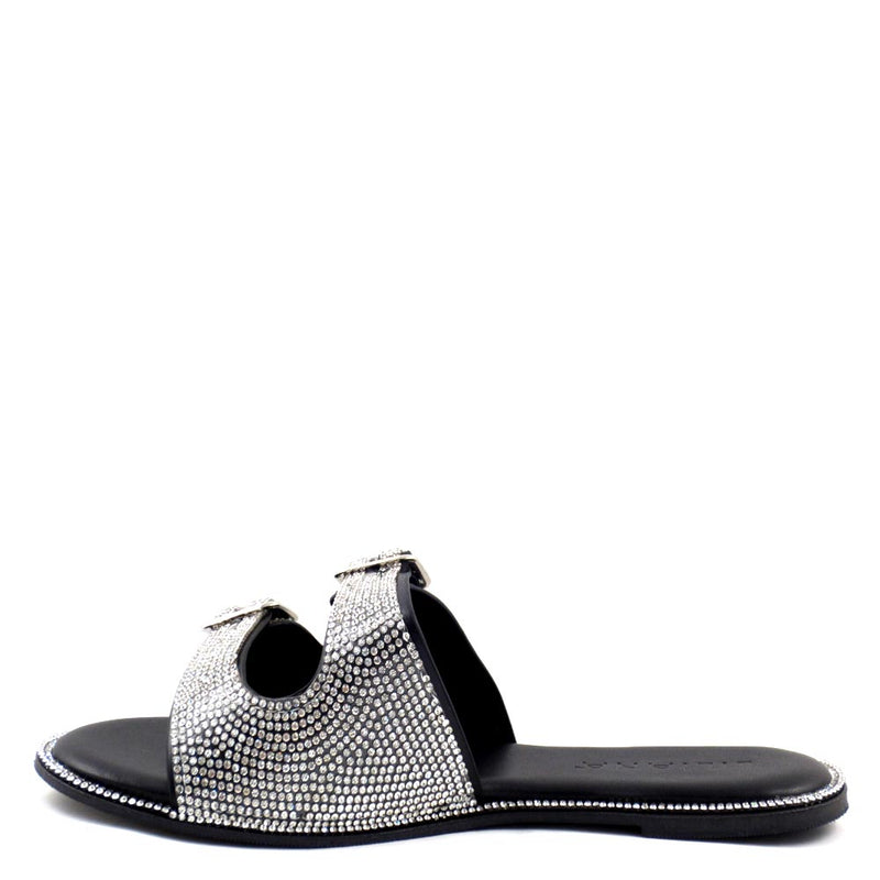 Liliana Open Toe Buckle Detail Rhinestone Embellished Flat Sandals - Hayden