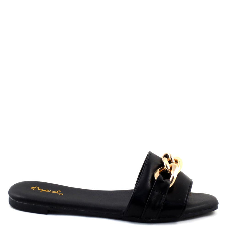 Qupid Open Toe Detail Link Buckle  Slide In Comfort Sandals - Hazy 141