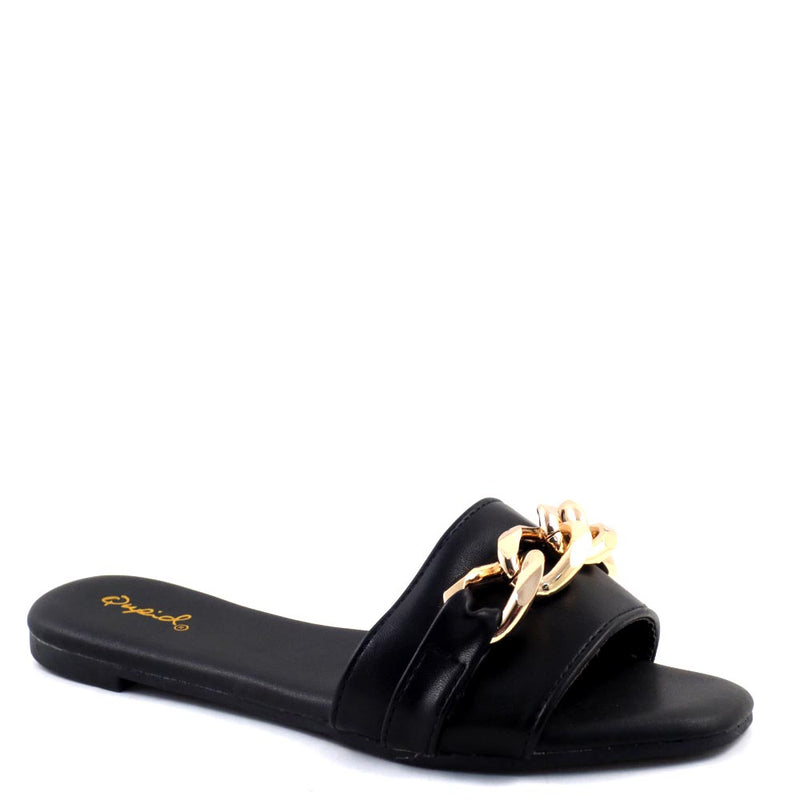 Qupid Open Toe Detail Link Buckle  Slide In Comfort Sandals - Hazy 141