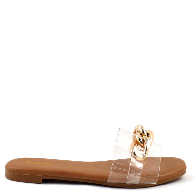 Qupid Open Toe Detail Link Buckle  Slide In Comfort Sandals - Hazy 141