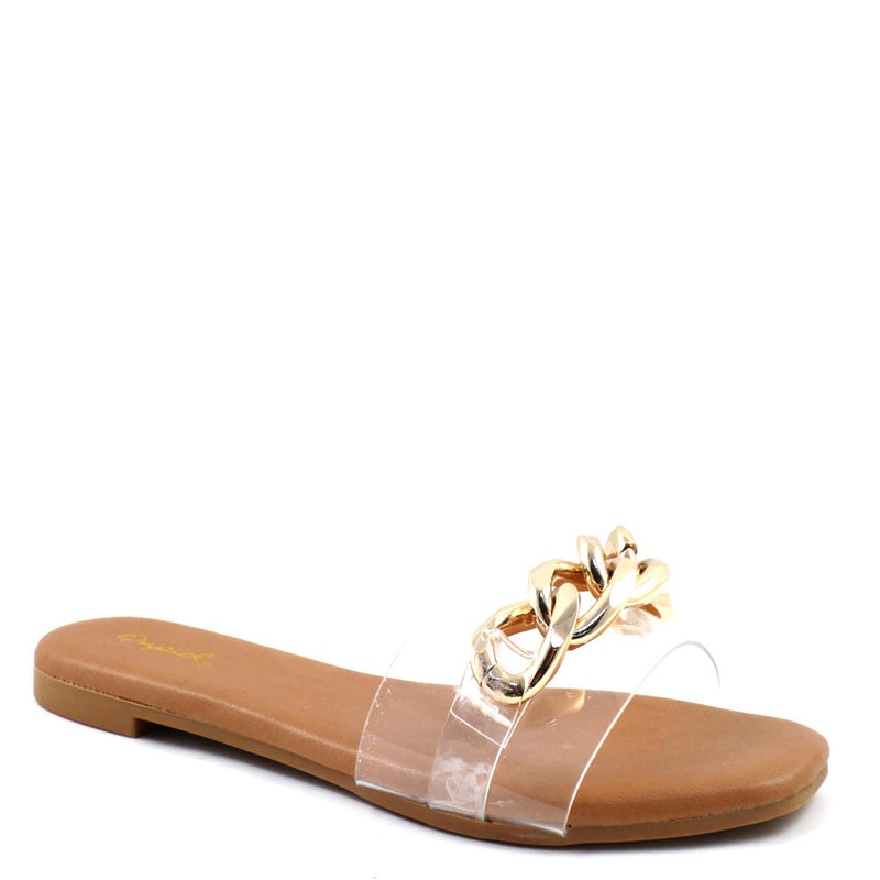 Qupid Open Toe Detail Link Buckle  Slide In Comfort Sandals - Hazy 141