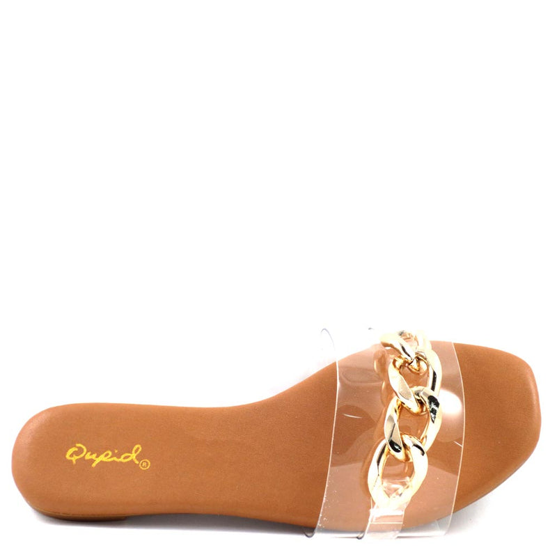 Qupid Open Toe Detail Link Buckle  Slide In Comfort Sandals - Hazy 141