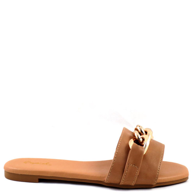 Qupid Open Toe Detail Link Buckle  Slide In Comfort Sandals - Hazy 141