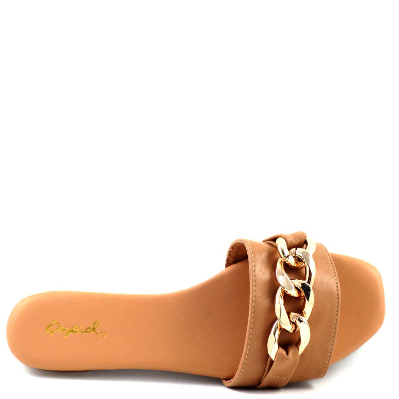 Qupid Open Toe Detail Link Buckle  Slide In Comfort Sandals - Hazy 141