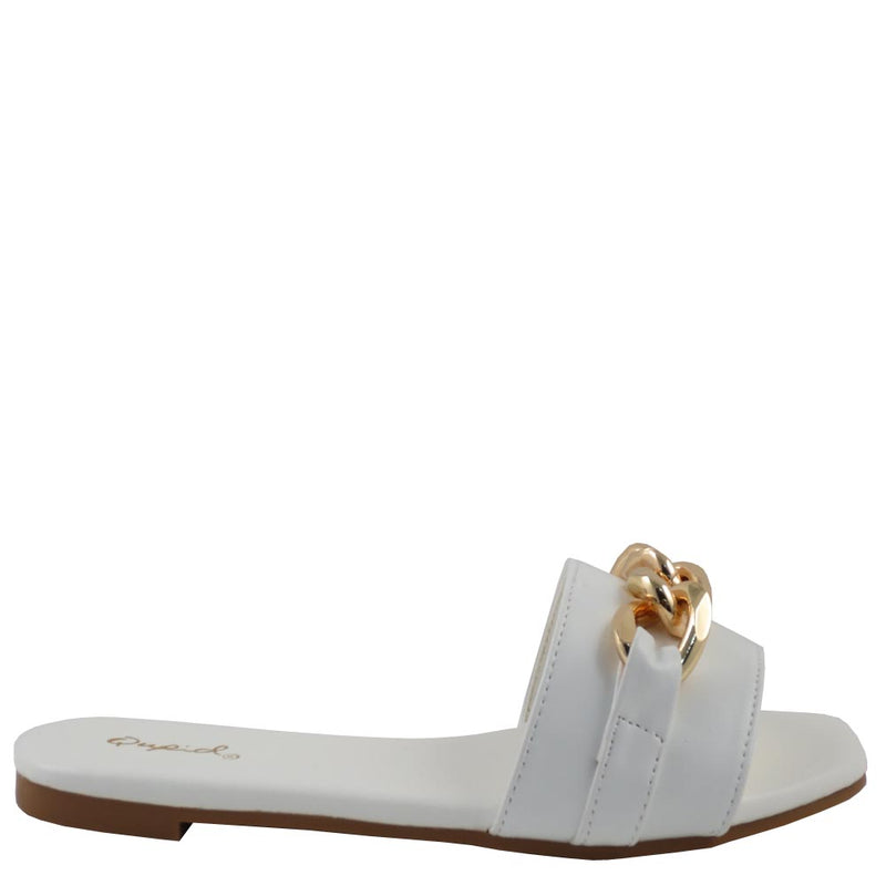 Qupid Open Toe Detail Link Buckle  Slide In Comfort Sandals - Hazy 141