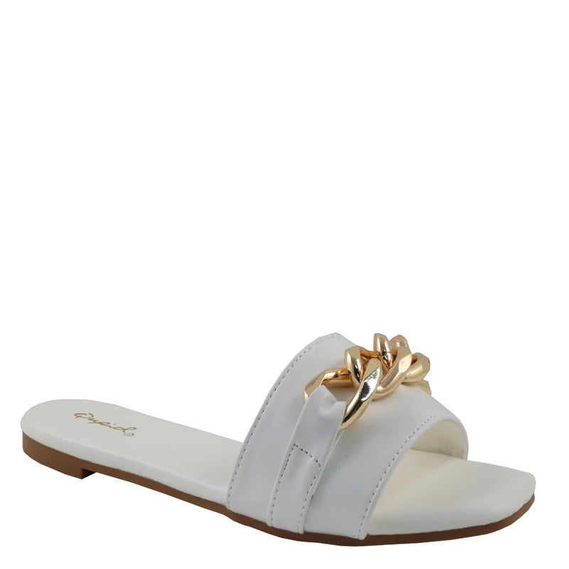 Qupid Open Toe Detail Link Buckle  Slide In Comfort Sandals - Hazy 141