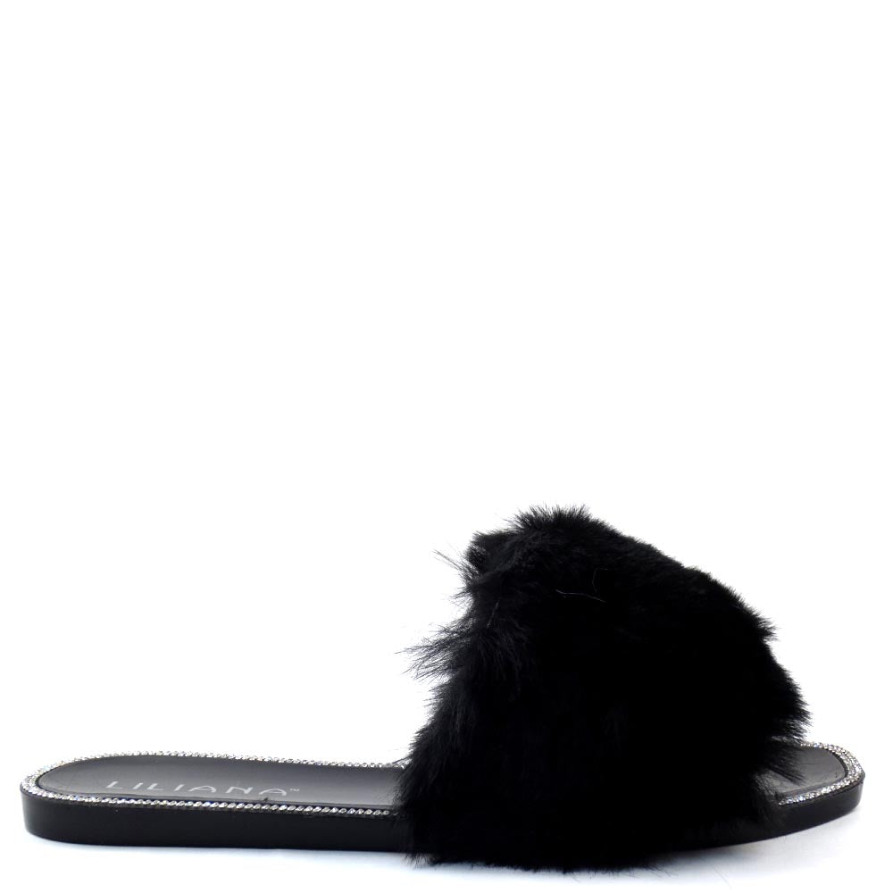 Liliana Open Toe Fur Vamp Detail Slide In Jelly Sandals - Jelli