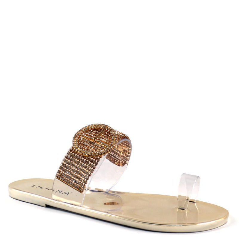 Liliana Metallic Rhinestone Buckle Detail Clear Upper Toe Ring Sandals Sandals - Jelli 68