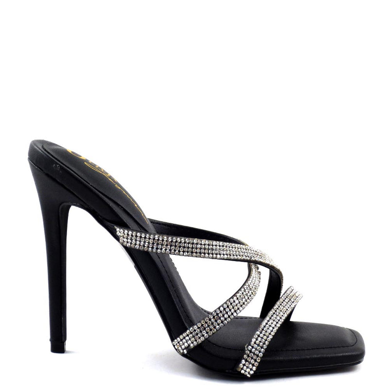 Olivia Jaymes Strappy Rhinestone Slide In Square Toe Heels - Jody