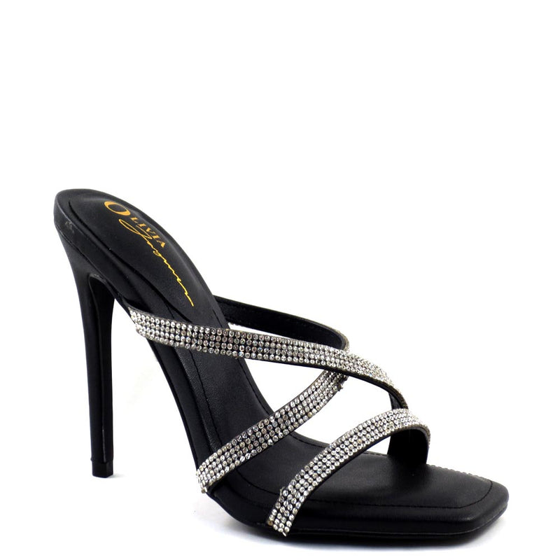 Olivia Jaymes Strappy Rhinestone Slide In Square Toe Heels - Jody