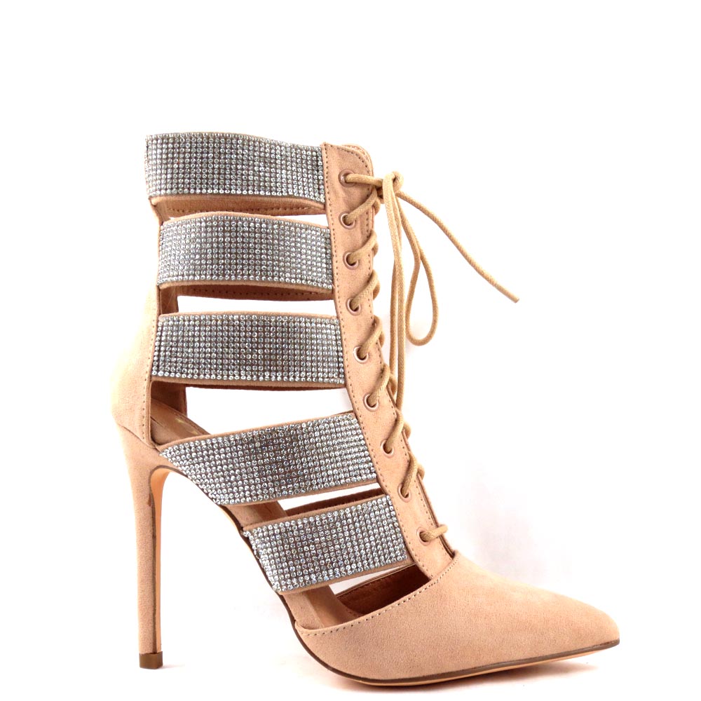 Olivia Jaymes Rhinestone Detail Sides Lace Up Booties - Karma