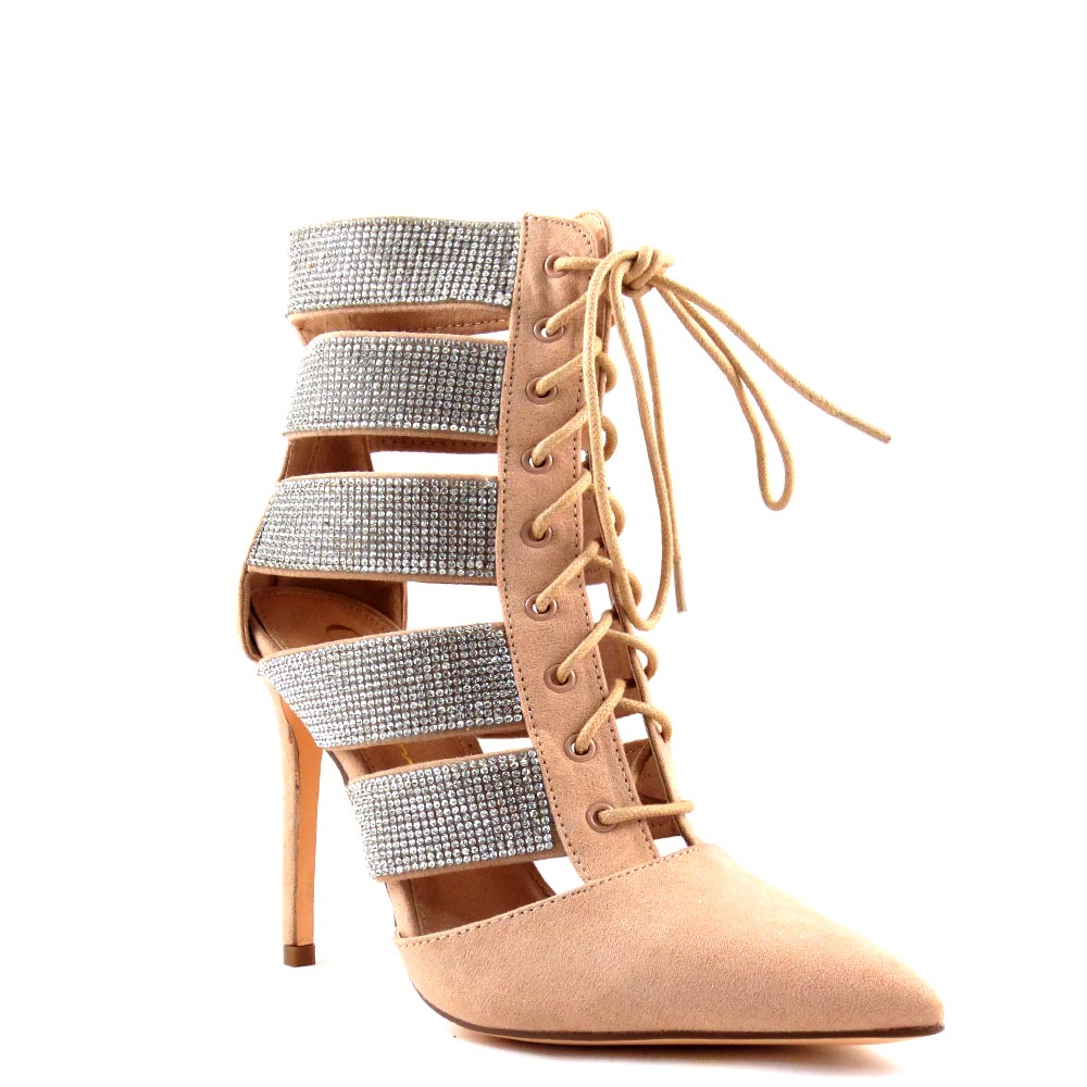 Olivia Jaymes Rhinestone Detail Sides Lace Up Booties - Karma