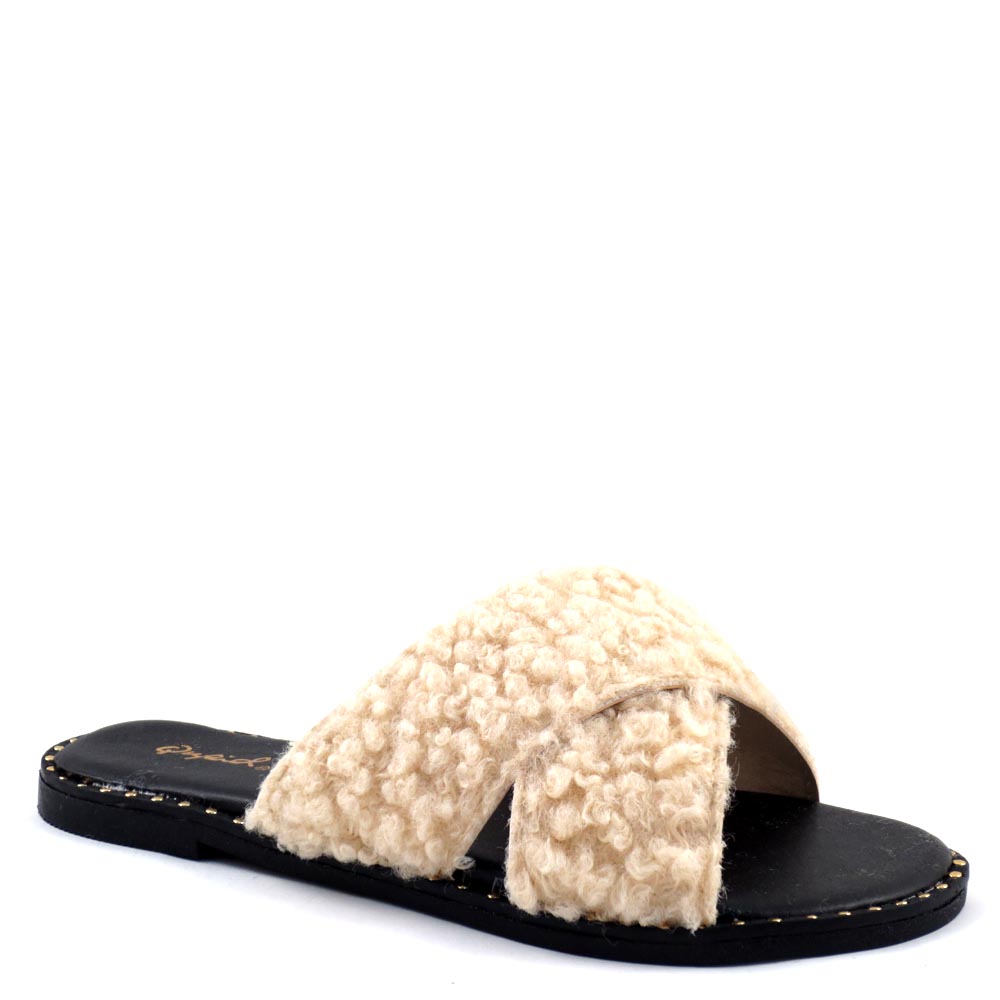 Qupid Criss Cross Fur Upper Open Toe Studded Trim Comfort Sandals - Kazen 36