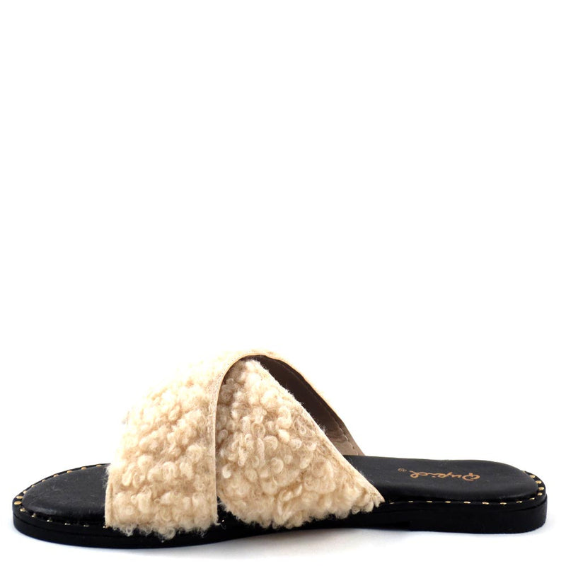 Qupid Criss Cross Fur Upper Open Toe Studded Trim Comfort Sandals - Kazen 36