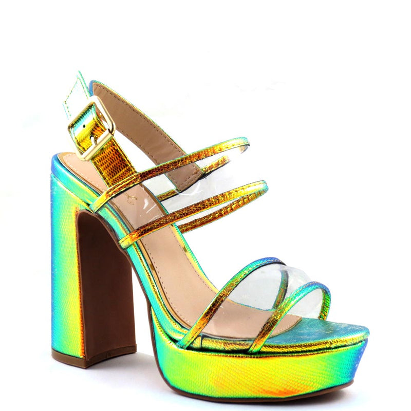 Qupid Clear Upper Straps Open Toe Ankle Strap Chunky Platform Heels - Lightning